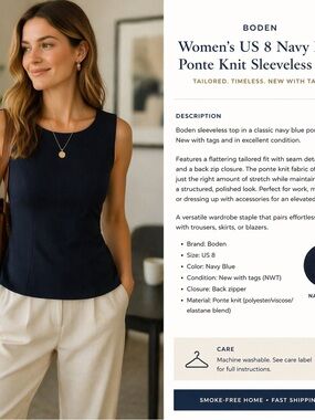 Boden Women US 8 Navy Blue Ponte Knit Sleeveless Top Career Shell NWT
